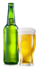Opened green bottle of cold beer with beer glass isolated on a white background. File contains...