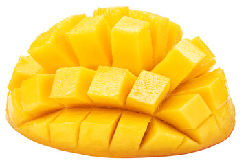 Half of mango fruit cut in hedgehog style. File contains clipping path.
