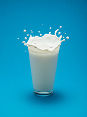 Milk splash in shape of crown in milk glass isolated on blue background.