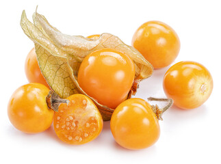 Ripe physalis or golden berry fruits in calyx isolated on white background.