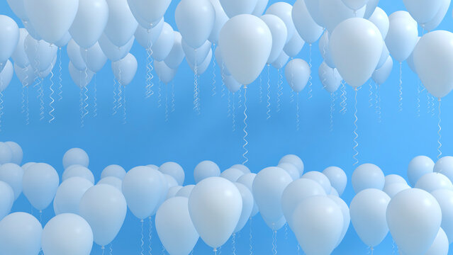 Flying white balloons party celebration background. 3d render