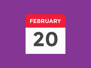 February 20 calendar reminder. 20th February daily calendar icon template. Vector illustration 
