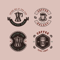 Set of vintage retro coffee emblem, logo, badge, label. mark, poster or print. Monochrome Graphic Art. Vector Illustration. Engraving style