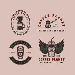 Set of vintage retro style coffee emblems, logos, badges. Can be used like poster or print. Monochrome Graphic Art. Vector Illustration. Detailed woodcut style