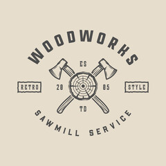 Obraz premium Vintage retro woodwork carpentry mechanic emblem, logo, badge, label. mark, poster or print. Monochrome Graphic Art. Vector Illustration. Engraving