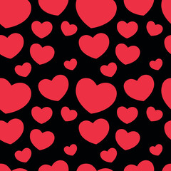 Seamless pattern of red hearts on a black background, minimalist print for fabric or wrapping