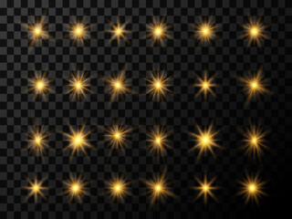 Set Of Gold Sparks Isolated. Vector Glowing Stars. Light effect, golden glowing flash with gold rays and lights. Bright gold flashes and glares. Bright rays of light.