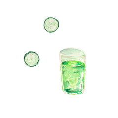 Watercolor food illustration. Healthy food. Green smoothie. Cucumber drink. Design for diet menu, recipe, cards, brochure, cuisine decor