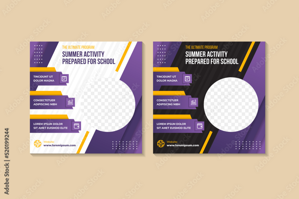 Poster set of editable square banner template. purple and yellow background color with stripe line shape. s