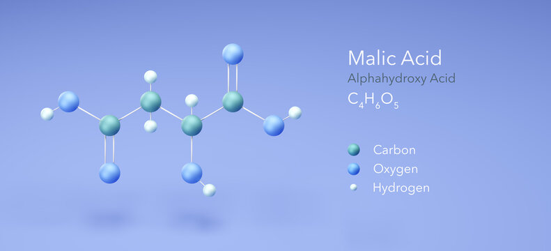 malic acid, Alphahydroxy Acid, dicarboxylic. Molecular structure 3d rendering, Structural Chemical Formula and Atoms with Color Coding, 3d rendering