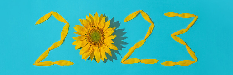 Sunflower petals in the form of numbers 2023 on a blue background. 2023 new year new reality. Summer it is time for traveling