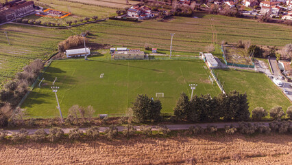 Aerial view soccer field after match.