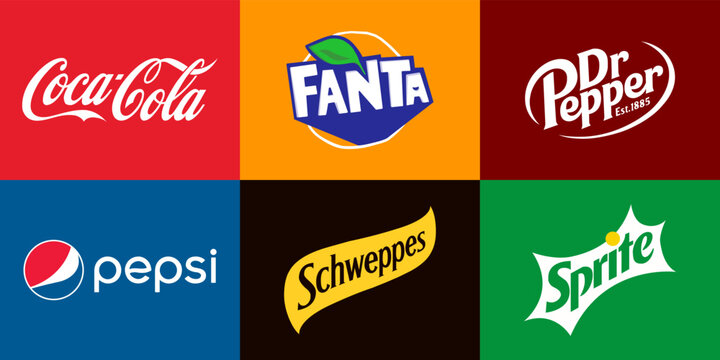 Soda drinks logos. The most popular carbonated drinks. Coca-Cola, Fanta, Dr Pepper, Pepsi, Schweppes, Sprite. Vector illustration. VINNYTSIA, UKRAINE - JUNE 27, 2022
