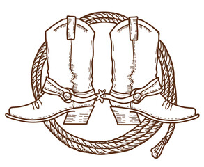 Cowboy boots and lasso. Vector brown hand drawn illustration with cowboy boots and rodeo lasso - obrazy, fototapety, plakaty