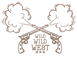 Wild West symbol. Vector hand drawn doodle illustration with crossed cowboy guns and wild west text isolated on white - 520202096