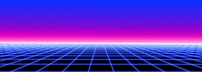 3d abstract 1980's retrowave, cyberpunk background with copy space, neon perspective grid © Mykola