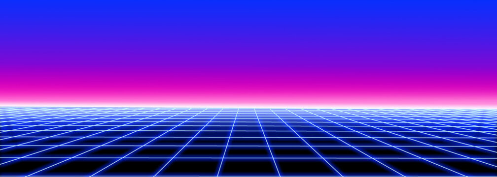3d abstract 1980's retrowave, cyberpunk background with copy space, neon perspective grid