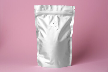 One blank foil package on pink background