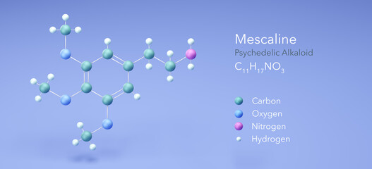 mescalin, psychedelic alkaloid. Molecular structure 3d rendering, Structural Chemical Formula and Atoms with Color Coding, 3d rendering - obrazy, fototapety, plakaty