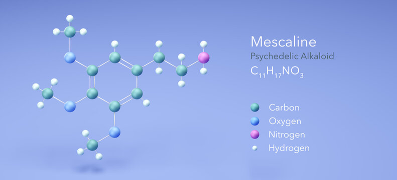 mescalin, psychedelic alkaloid. Molecular structure 3d rendering, Structural Chemical Formula and Atoms with Color Coding, 3d rendering
