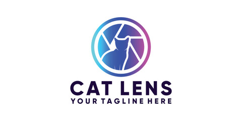 animal, cat and camera lens lover logo design