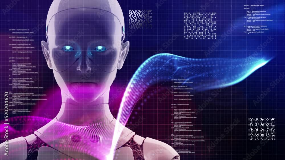 Poster 3d animation ai humanoid robot metaverse smart city digital world background, revolution of ai artif