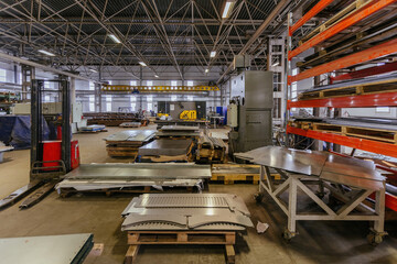 Metal profile factory production line. Manufactured metal parts