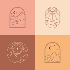 Vector boho emblems with abstract mountain landscapes.Travel logos with mountains or desert dunes;aurora,crescent moon,sun and sunburst.Modern travel icons or symbols in trendy minimalist style.