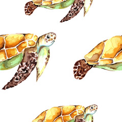 Seamless vector watercolor turtles pattern. Animals illustration for kids room and wallpaper, background