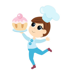 A small child boy runs and carries a huge tasty muffin in his hands. Cute character in cartoon flat style isolated on white background.