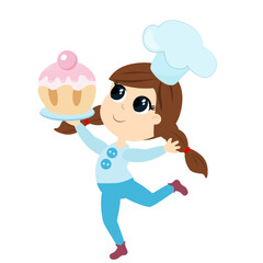 A small child girl  runs and carries a huge tasty muffin in his hands. Cute character in cartoon flat style isolated on white background.