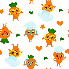 Seamless pattern cute carrot dressed in a chef's hat and smiling happily. Carrots have eyes, face, legs and arms and are very cute. Pattern for baby products, textiles and packaging.