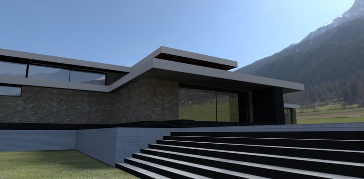 Luxurious house in the fog at the foot of the mountain. The stairs descend to the lawn. Finishing slate and white brick. 3d render.