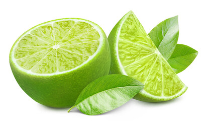 Delicious fresh limes with leaves, isolated on white background