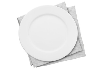 Empty plate on canvas napkin top view isolated on white