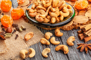 cashew group on wood background