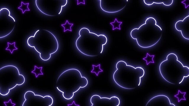 Animated Glowing Neon Light bears and Stars pattern design Bear motional texture panda polar bear repeated wallpaper background cartoon colorful bear icons with shining stars. Animals animation
