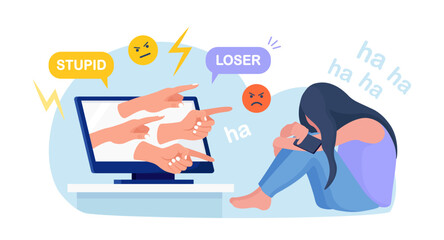 Cyber Bullying. Sad teenage girl sitting in front of computer with dislike in social media, mockery. Depressed young woman after insult, swear, verbal abuse in internet. Depression, stress concept - obrazy, fototapety, plakaty