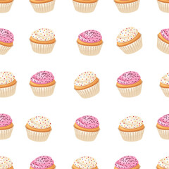 Seamless pattern of cupcake with white and pink buttercream.