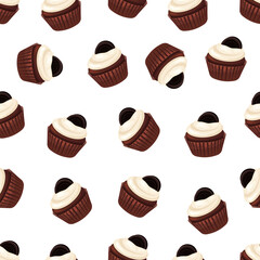 Seamless pattern of chocolate cupcake with vanilla buttercream frosting and cookie.