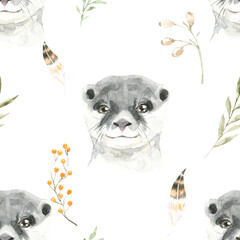 Watercolor woodland otter animals nursery cute seamless pattern illustration.Forest animal and greenery, plant.Pattern for kids, wallpaper,digital paper, repeating background, fabric, printable diy