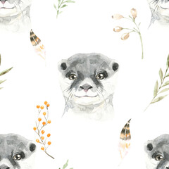 Naklejka premium Watercolor woodland otter animals nursery cute seamless pattern illustration.Forest animal and greenery, plant.Pattern for kids, wallpaper,digital paper, repeating background, fabric, printable diy