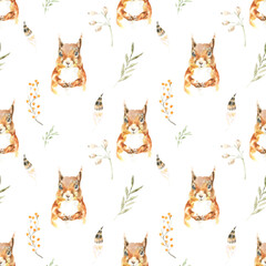 Watercolor woodland squirrel animals nursery cute seamless pattern illustration.Forest animal and greenery, plant.Pattern for kids, wallpaper,digital paper, repeating background, fabric, printable diy