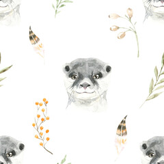 Watercolor woodland squirrel animals nursery cute seamless pattern illustration.Forest animal and greenery, plant.Pattern for kids, wallpaper,digital paper, repeating background, fabric, printable diy