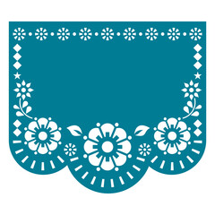 Papel Picado vector template design inspired by traditional cut out decoration from Mexico with flowers and blank space for text
