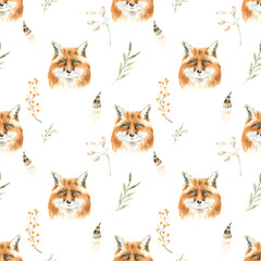 Watercolor woodland fox animals nursery cute seamless pattern illustration.Forest animal and greenery, plant.Pattern for kids, wallpaper,digital paper, repeating background, fabric, printable diy
