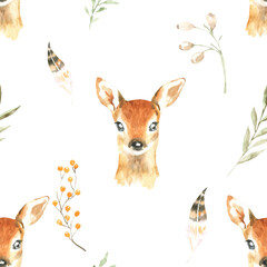 Watercolor woodland deer,fawn animals nursery cute seamless pattern illustration.Forest animal and greenery, plant.Pattern for kids,wallpaper,digital paper, repeating background, fabric, printable diy