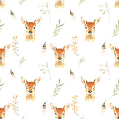 Watercolor woodland deer,fawn animals nursery cute seamless pattern illustration.Forest animal and greenery, plant.Pattern for kids,wallpaper,digital paper, repeating background, fabric, printable diy