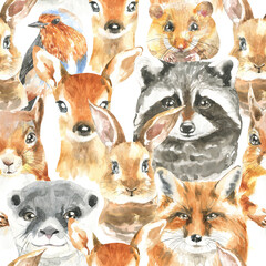 Cute watercolor animal seamless pattern ilustration, woodland animals boho characters, deer,fawn, raccoon,bunny,fox, otter, bird. Forest design for fabric,gift wrap ,scrapbooking,wallpaper,background 