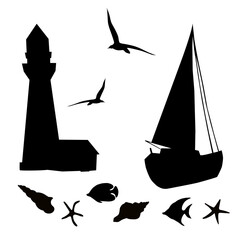 Naklejka premium Vector illustration of yachts with soaring seagulls, lighthouse, shells, starfish and fish. Black silhouettes on a white background.